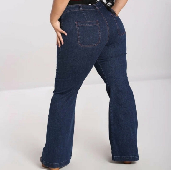 Hell Bunny Jaclyn Flare Stretch Pin Up Wide Leg Retro Jeans 4XL Red Stitch Alt - Picture 1 of 9